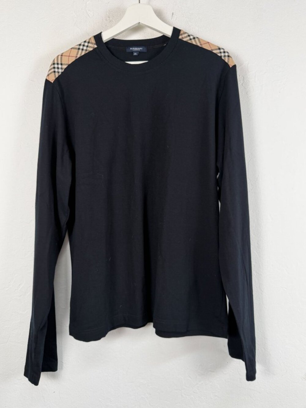 Burberry London Men’s Black Long Sleeve T-Shirt Nova Check Shoulder Patch XL